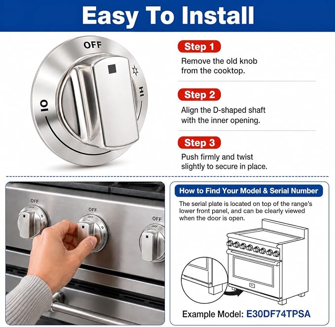 2Pcs 318242275 Burner Control Knob Replacement for electrolux Gas Stove Range Cooktop, Fits E30DF74TPSA E30GF74TPSA E36DF76TPSB, Replace 3513943 AP5809411 PS9495232 EAP9495232 (2)