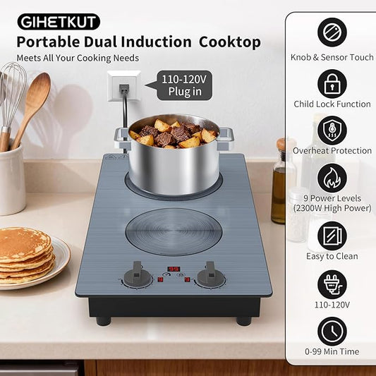 GlHETKUT Induction Cooktop,110V 2300W double burner hot plate with LED Touch Screen,9 Power Levels,Kids Lock & Timer,knob and touch control 2 burner induction cooktop