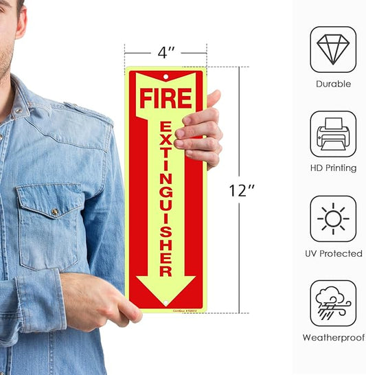 GicnKeuz Fire Extinguisher Sign,12×4 Inches Glow-In-The-Dark Aluminum Fire Extinguisher Signs with a Phosphorescent Film Layer,2 Pre-drilled holes,Easy to Install,Indoors and Outdoors Use (12-pack)
