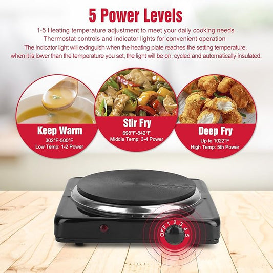 Electric Countertop Burner, 1500W Cooktop with Cast Iron Hot Plate, 5 Level Temperature Control, Easy to Clean, Indicator Lights, Cooking Stove for Office Home Camping RV
