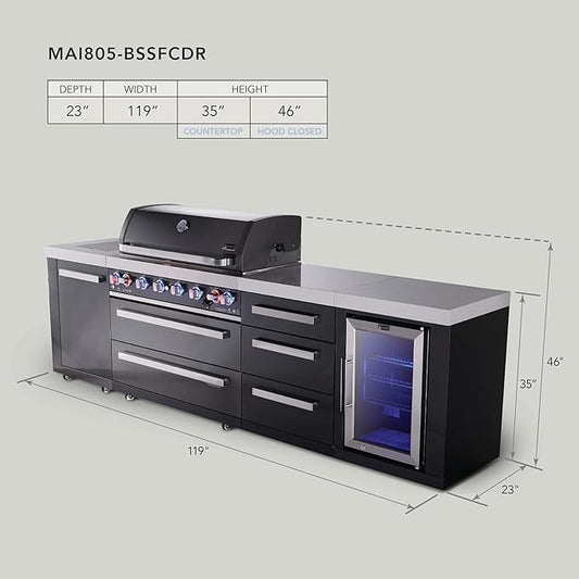 Mont Alpi Premium 119"W Black Stainless Steel Modular Outdoor Kitchen Island with Refrigerator + Side Burner + 44"W 6-Burner BBQ Gas Grill + White Granite Countertops + Storage Cabinets and Drawers