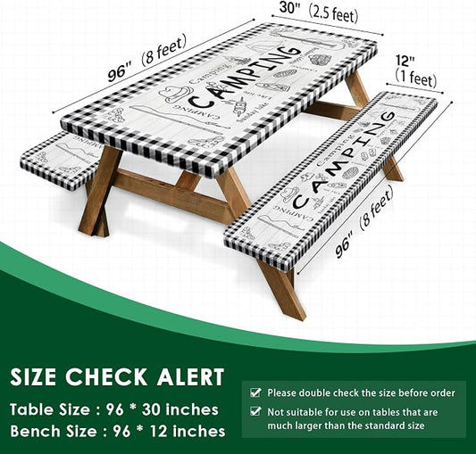 Picnic Table Cover with Bench Covers Elastic Edges, Farm Plaid Fitted Table Cover, Outdoor Patio Camping Essentials 96 Inch 3PCS, Waterproof Camping Fitted Tablecloth with Drawstring Bag