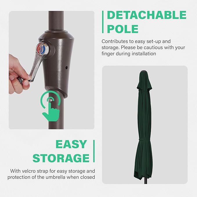 JEAREY 9FT Outdoor Patio Umbrella,Market Table Umbrella with 8 Fiberglass Ribs, Pool Umbrella with Tilt and Crank, UV Protection Lightweight & Wind-Resistant for Lawn, Garden, Deck and Backyard, Dark Green