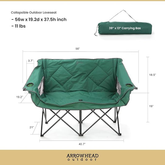 ARROWHEAD OUTDOOR Portable Folding Double Duo Camping Chair Loveseat | 2 Cup and Wine Glass Holder, Carrying Bag, Supports up to 500lbs, Beach, Tailgating, Fishing, Patio, Hunting, Backyard