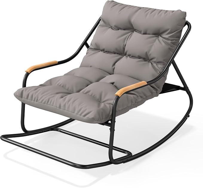 DWVO Oversized Rocking Chair, Textilene Patio Rocking Chair w/2.8" Thick Cushion & Teak Armrests, All-Weather Patio Lounge Chair for Backyard, Lawn, Garden, Black