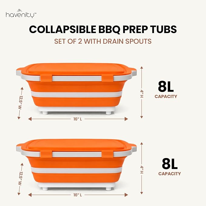 BBQ Prep Tub 2 Pack (8L+8L) - Multifunctional Collapsible Camping Cutting Board with Upgraded Locking Lid, Meal Prep Meat Storage Container Perfect for Grilling, Outdoor Cooking (Large x 2)