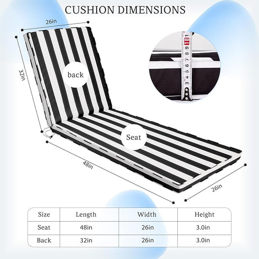 Chaise Lounge Cushions Outdoor, 80"x26"x3" Patio Lounge Chair Furniture Cushions with Washable Covers for Pool, Patio, Lawn (Black+White Stripes, 1 Pcs)