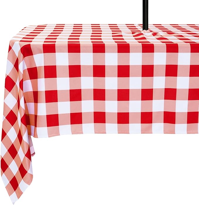 Poise3EHome Rectangle Outdoor Tablecloth with Umbrella Hole and Zipper,Red and White Gingham 70x52 Inch, SpillProof Washable Table Cloth for Spring Summer Patio Garden Poolside Picnic Camping BBQS