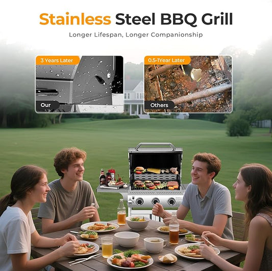 Cowsar Stainless Steel 3-Burner Propane Gas Grill, 24000BTU Last-Long BBQ Grill with Foldable Side Table, Stainless Steel Grate, Barbecue Grill for Outdoor Cooking, Backyard, Patio, Garden, Deck