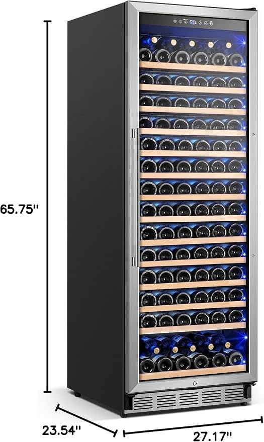 24" 173-Bottle Freestanding Wine Cooler, Low Noise with Sliding Shelves | Tall design, Compressor fast cooling, Low noise, Reversible door, Digital temp display, Black finish, Home or commercial use