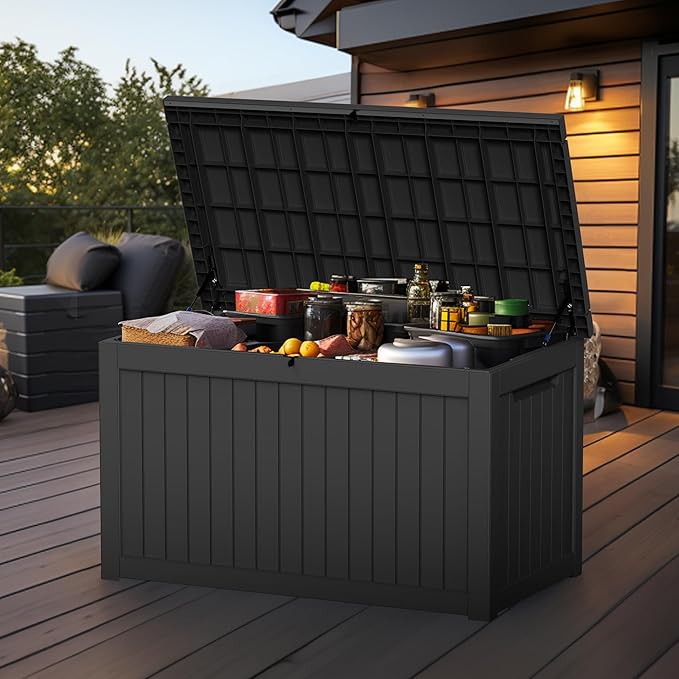 EasyUp 280 Gallon Outdoor Storage Box Waterproof, UV Resistant Resin Deck Box with Hydraulic Rod, Reinforced Stability for Patio, Garden,Striped Black
