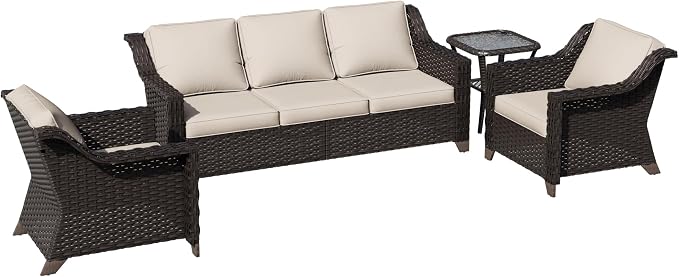 4 Piece Patio Furniture Set, Wicker Outdoor Conversation Set | Patio Chair Set with Olefin Removable Cushion, All-Weather Outdoor Couch with Deep Seat for Porch, Deck and Backyard, Beige