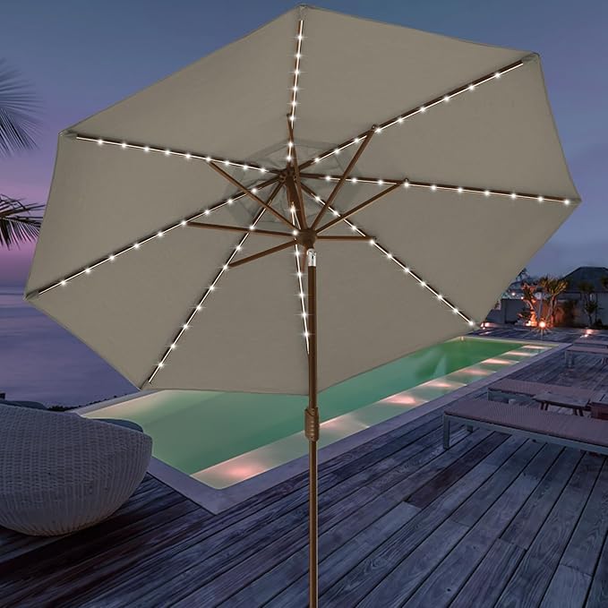 EliteShade USA 10-Year-Non-Fading 9ft Market Patio Umbrella, Commercial Grade Table Sun Umbrella with 80 Solar LED Lights, Crank Open, Windproof & UPF 50+ UV Protection for Garden, Deck, Pool, Backyard, Taupe