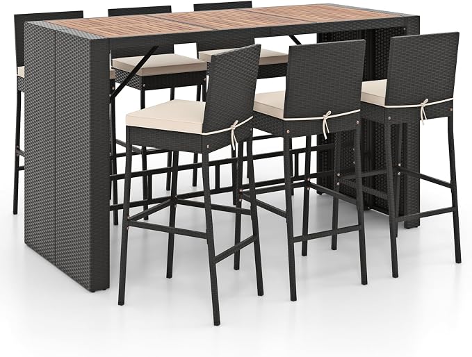 7 Piece Patio Wicker Bar Set, Rattan Bar Stools Set for Bistro with Acacia Wood Tabletop & Seat Cushions, Outdoor High Top Table and Chairs for Backyard Garden Porch Poolside (73 Inch)