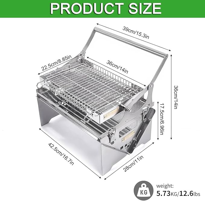 Portable 360°Rotating Charcoal Grill,Portable BBQ with Removable Tray & Adjustable Steel Frame, 3-Position Height Adjustment,Easy to Disassemble,Easy to Transport