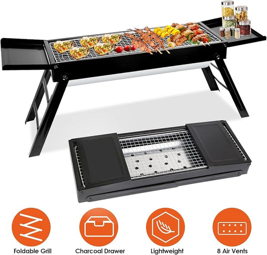 KOCASO Foldable Charcoal BBQ Grill with Shelf Stainless Steel Grill Net Easy Setup Portable Tabletop Barbecue Grill for Camping Picnic Outdoor Party Backyard