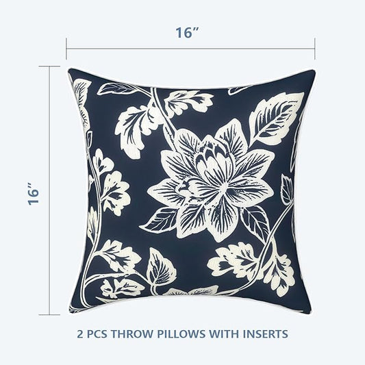 LVTXIII Outdoor/Indoor Throw Pillows, Decorative Patio Accent Pillows, Fluffy Water Repellent Garden Cushions for Home Patio Coach Sofa Use, 16×16 Inch, Pack of 2, Elegant Vines Navy
