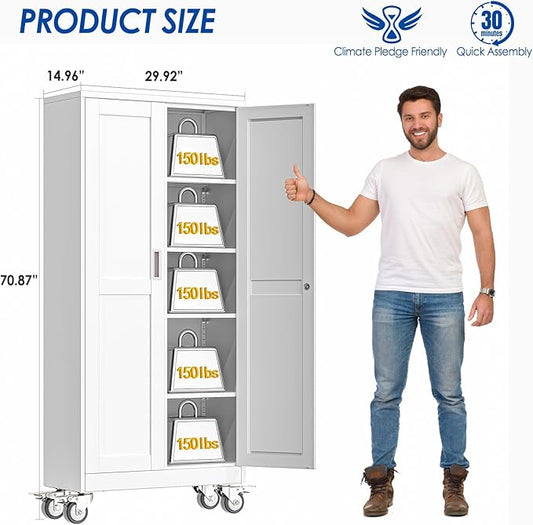 GAIOUS Metal Garage Storage Cabinet with Lock, Steel Tool Cabinet with 2 Door and 4 Adjustable Shelves, 71” Tall Lockable File Cabinet with Wheels, Rolling Cabinet for Home Office Garage Gym - White