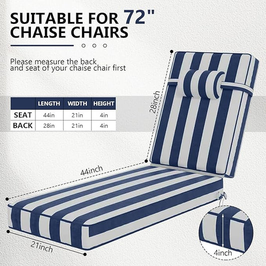 72 x 21 x 4 Inch Olefin Chaise Lounge Cushions, Lounge Chair Cushions with Headrest for Outdoor Furniture - Weather and Fade Resistant Patio Replacement Furniture Lounge Chair Cushion Set of 2