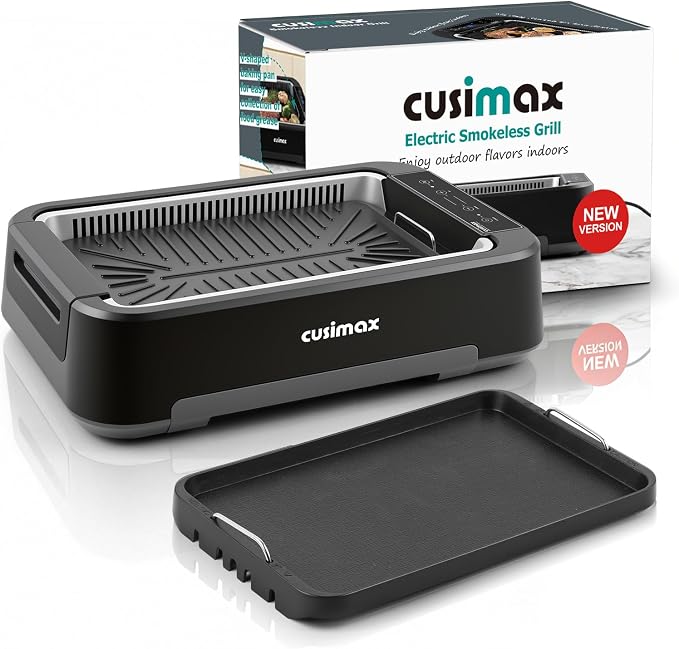 Indoor Grill, CUSIMAX Electric Smokeless Grill & Griddle, Black, 1500W | With REPLACEABLE Smoke Filter Sponge/Smart LED Display/Non Stick 2 in 1 Grill & Griddle Plates/Larger Grilling Area