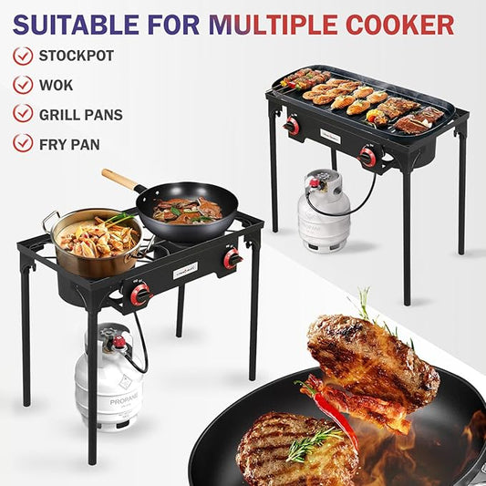 VIVICREATE Propane Grill 2 Burner Outdoor Propane Stove Portable Gas Grill High Pressure Camping Stove Double Burner Cooker for Camping Backyard BBQ Outdoor Cooking