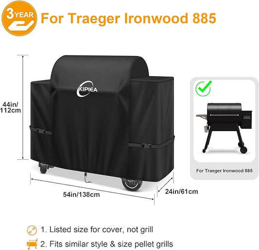 Kipiea Heavy Duty Grill Cover for Traeger Ironwood 885, 600D Oxford Fabric Wood Pellet Smoker Covers Waterproof & Windproof, Pellet BBQ Grill Cover for Outside Anti-UV, No Tear, No Fading