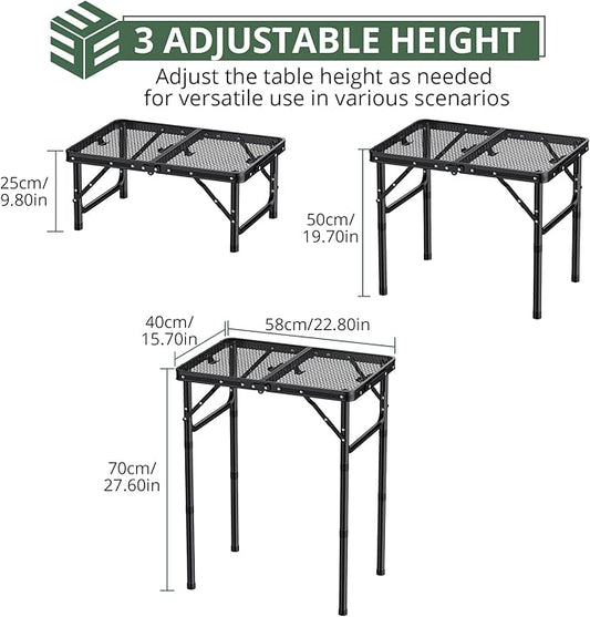 EYPINS 2ft Folding Grill Table with 3 Adjustable Heights Max 27.6'',Aluminum Heat-Resistant Cooking Camping Table,Lightweight Portable Side Table with Handle for Outside Patio BBQ,Black 22.8''x15.7''