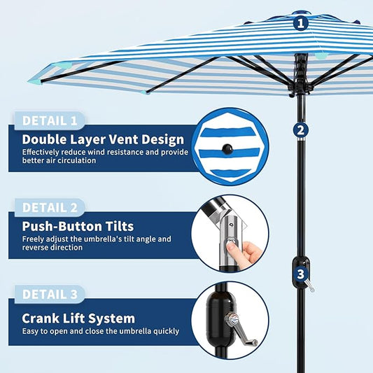 Garvee 10 ft Outdoor Patio Umbrella 8 Sturdy Ribs Outdoor Table Umbrella with Crank Lift & Push Button Tilt UV Protection Waterproof Market Umbrellas for Pool, Deck, Yard, Garden, Blue Stripes