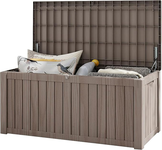 FEFLO 120 Gallon Resin Desk Boxes, Lockable Outdoor Storage Box for Furniture, Toy, Shoe, Garden & Patio Tools Storage, IP54 Weatherproof Package Delivery Boxes for Outside - Brown