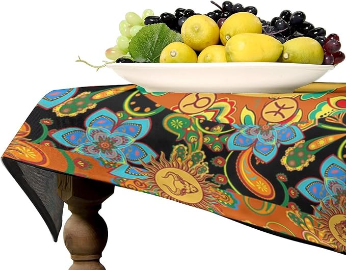 Vintage Boho Sun Tablecloth Wildflower Floral Bohemian Hippie Sun Table Cloth Water Resistant Wipeable Table Cover for Farmhouse Picnic Party Holiday Kitchen Dinner Table 55"x55"