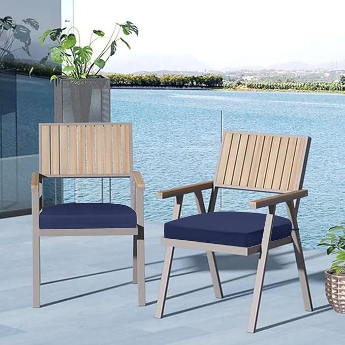 Cozyide Outdoor Chair Cushions, Waterproof Patio Seat Cushions with Adjustable Straps, Round Corner Patio Chair Cushions for Garden, Navy, 17x16x2 Inch (Pack of 2)