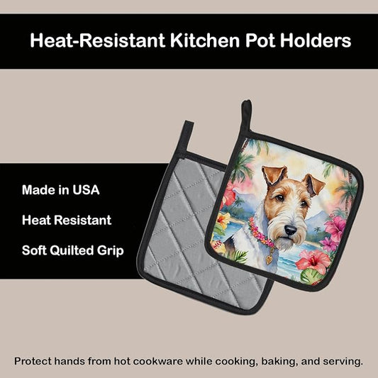 Caroline's Treasures Fox Terrier Luau Pair of Pot Holders Kitchen Heat Resistant Pot Holders Sets Oven Hot Pads for Cooking Baking BBQ, 7 1/2 x 7 1/2