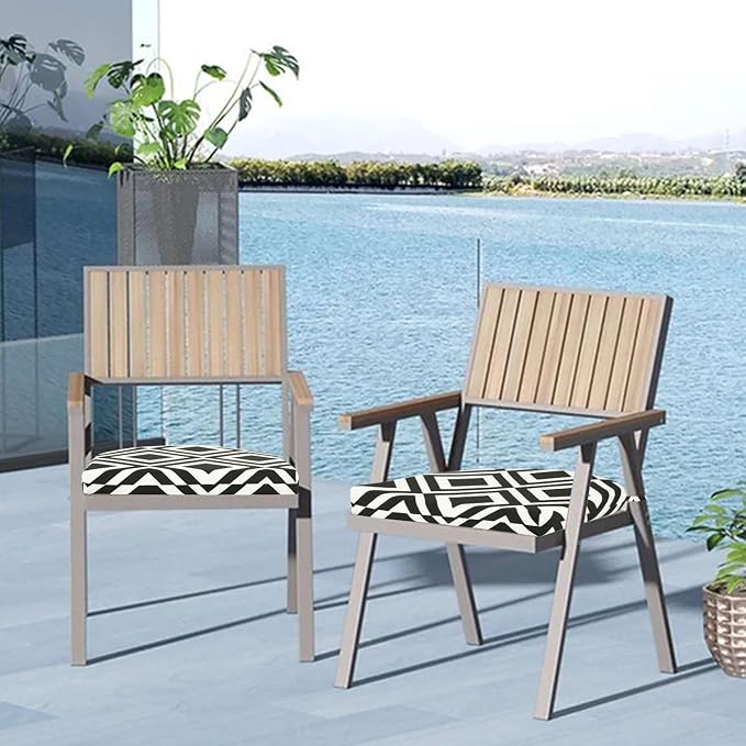 Cozyide Outdoor Chair Cushions, Waterproof Patio Seat Cushions with Adjustable Straps, Round Corner Patio Chair Cushions for Garden, Black Geometry, 17x16x2 Inch (Pack of 4)