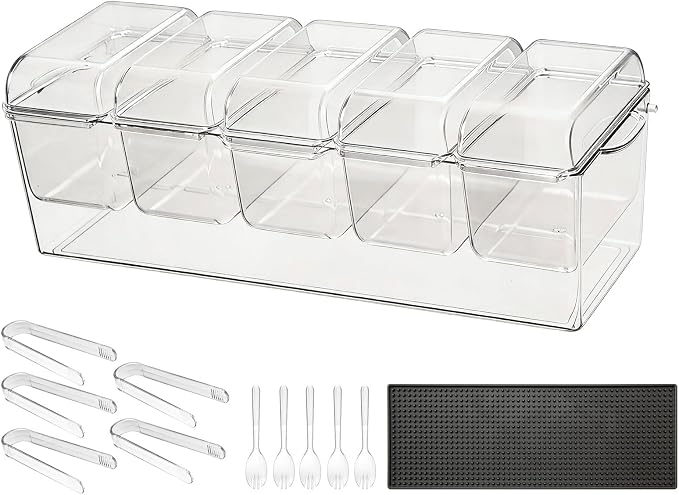 VEVOR Chilled Condiment Server Caddy, 5 Compartment Ice Cooled Serving Container, Plastic Fruit Garnish Tray Platter with Separate Lid, for Taco Salad Bar Accessories, Party Home Restaurant Supplies