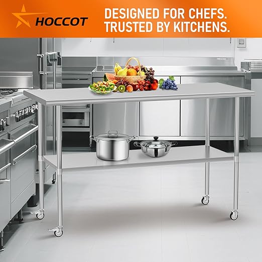 Stainless Steel Table with Wheels for Food Prep & Work 30" x 60" Utility Table with Adjustable Undershelf, Commercial Workstation in Kitchen, Garage, Home and Hotel
