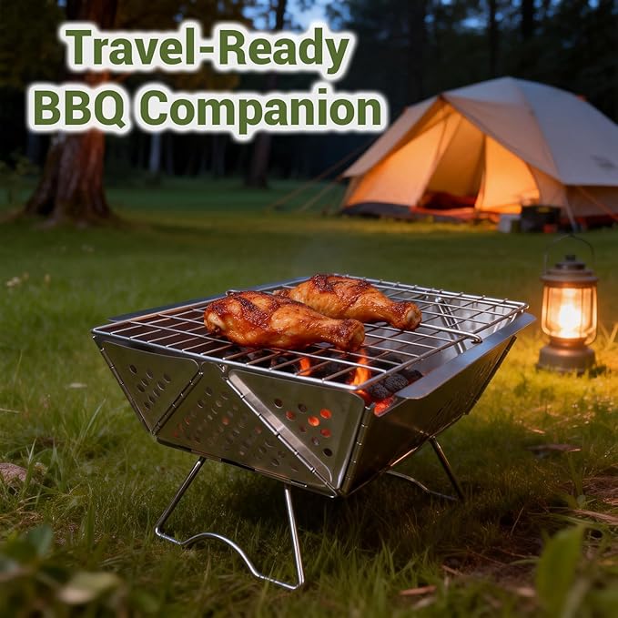 Charmline 16x9 inches Small Portable Charcoal Grill, Foldable Portable Grill, Tabletop Charcoal Grills for Camping, Picnics, Gardens and Beach Parties