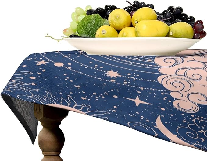 Moon Sun Tablecloth Vintage Boho Celestial Star Magical Galaxy Space Table Cloth Water Resistant Wipeable Table Cover for Farmhouse Picnic Party Holiday Kitchen Dinner Table 55"x55"
