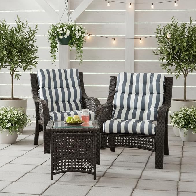 Outdoor Tufted High-Back Chair Cushions, One-Piece Hinged Seat and Back Design, Reversible with 4 Ties, Durable Polyester Fabric, Recycled Fiber Fill - Set of 2, Canopy Stripe Gray