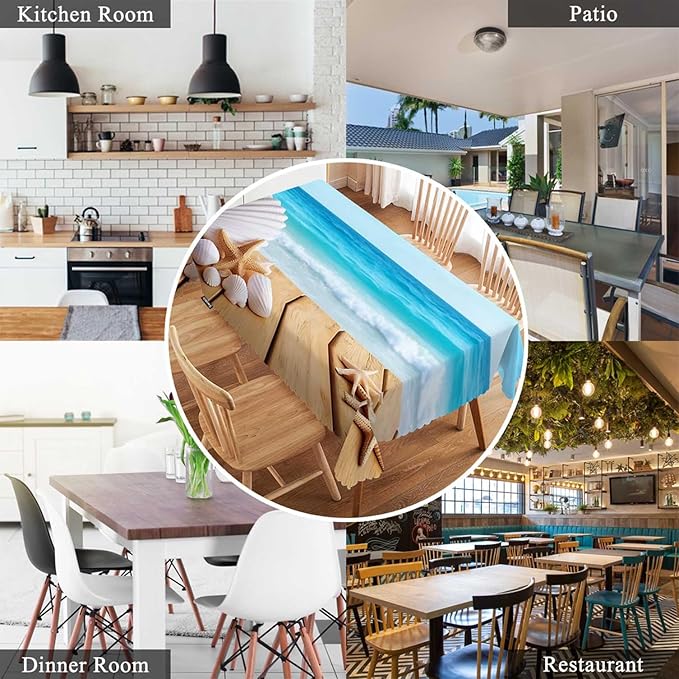 Swono 52x70 Inch Seashells Tablecloth Boardwalk Shells Starfish Sea Ocean Farmhouse Dining Table Cloth Anti-Stain Talking Table Cover for Kitchen Dinning Room Coffee Store