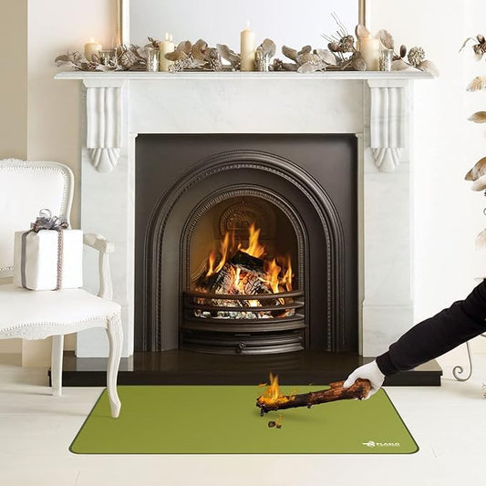 FLASLD Outdoor Fireplace Stove Mat, 24 X 42 inches Fireproof Pad for Floor, Carpet, Rug, Grass, Deck and Patio - Resists Ashes, Sparks, Charcoal, Soot and Flames, Spinach Green