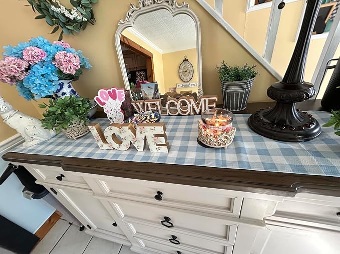 Dusty Blue Gingham Table Runner Blue Checkered Boy Girl Baby Shower Birthday Party Decoration Home Dining Kitchen Island Decor (13" x 72")