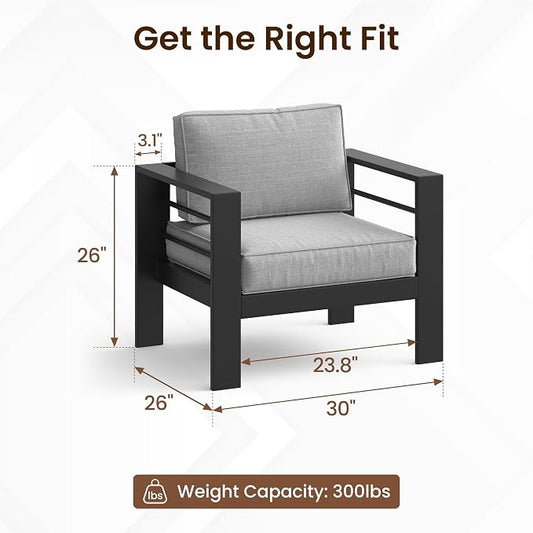 Kiss the Water Aluminum Patio Sofa, 2 PCS Light Grey Outdoor Couch | All-weather rust-proof aluminum frame with 5" thick olefin cushions, ideal for patio, backyard, or porch. Modern design.