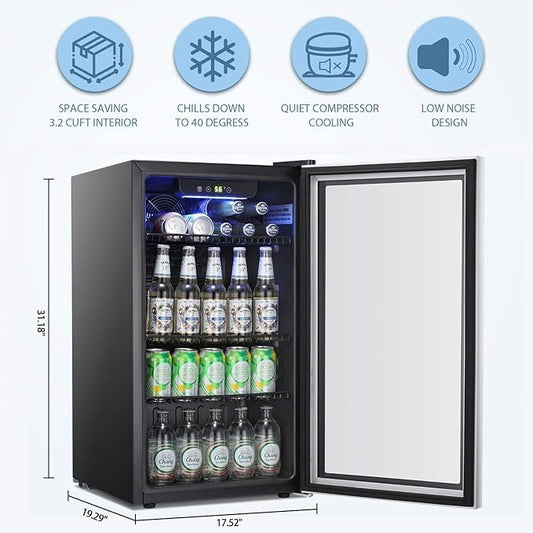 Antarctic Star Beverage Refrigerator Cooler -120 Can Mini Fridge Glass Door for Soda Beer or Wine Constant Glass Door Small Drink Dispenser Clear Front for Home, Office Bar 3.2cu.ft