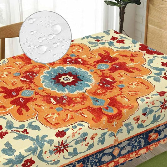 Carpet Boho Table Cloth Rectangle Table 52"X70", Ethnic Southwest Persian Style Rug Orange Wipeable Table Cover for Dinner Kitchen, Outdoor Tablecloth for Party Banquets Weddings