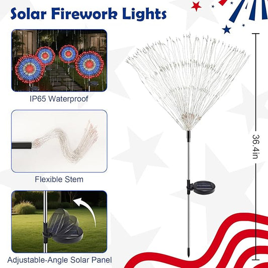 4th of July Decorations Solar Fireworks Lights, 4 Pack 180LED Red White Blue Lights with 8 Modes, Waterproof Solar Garden Light Outdoor for Memorial Day, Fourth of July, Patriotic Decorations