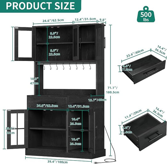 YITAHOME 71'' Kitchen Pantry Storage Cabinet with Microwave Stand, Tall Freestanding Hutch Cabinet with Power Outlet, Pantry Cabinets with Buffet Cupboard, Drawers and Acrylic Doors for Home, Black | Tall Freestanding Hutch Cabinet with Power Outlet, P...