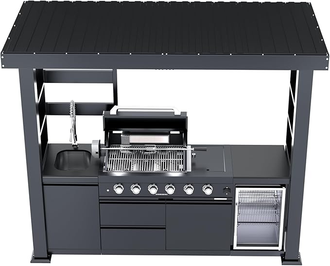 97-Inch 4-Burner 72000 BTU Stainless Steel Propane Gas Grill Outdoor Kitchen Island with Canopy,648Sq.In Cooking Area,Wine Cooler,Refrigerator,Rotisserie,for Backyard BBQ,Black