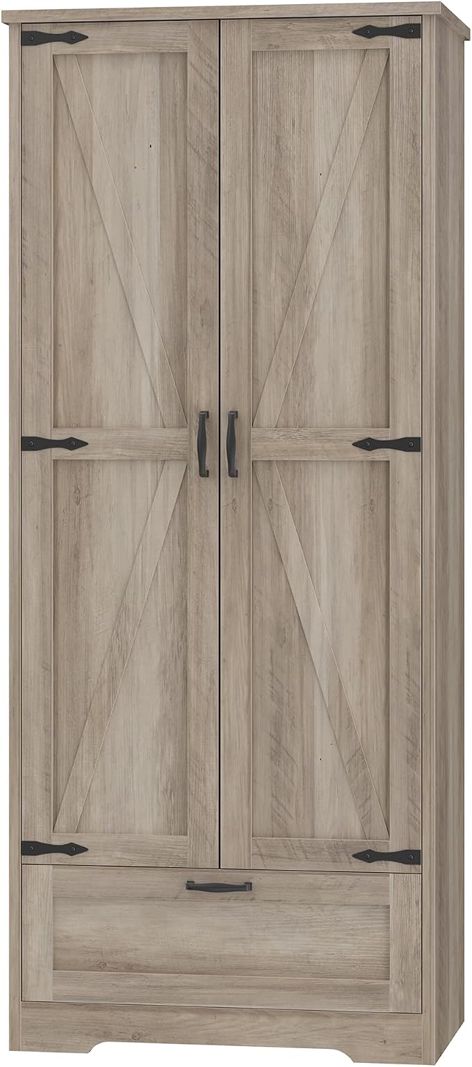 Shintenchi Kitchen Pantry Cabinet, Freestanding Farmhouse Storage Cabinet with 4 Shelves and 1 Drawer, Tall Cupboard for Kitchen, Living Room, Dining Room and Bathroom, Ash Gray
