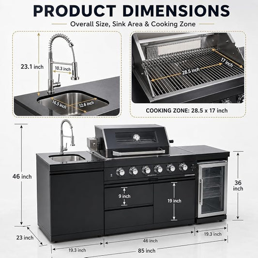 85-Inch Stainless Steel Outdoor Kitchen Grill Island, 6-Burner 72,000 BTU Propane Gas BBQ Grill with Wine Cooler Refrigerator, Rotisserie Kit, Granite Countertops, Sink, Glide Wheels, Black