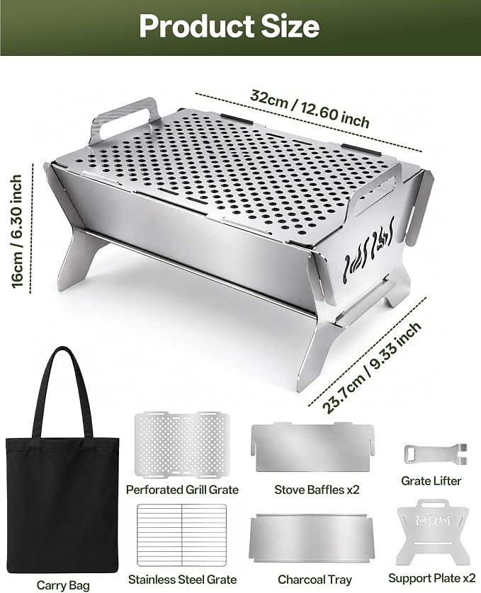 Charmline Portable Fire Pit with 2 Cooking Grates, Small Charcoal Grill | Grill & Fire Pit Combo, Tool-Free Setup, Open and Perforated Grates, Polished Edges, Snap-Lock Structure, Saving Space